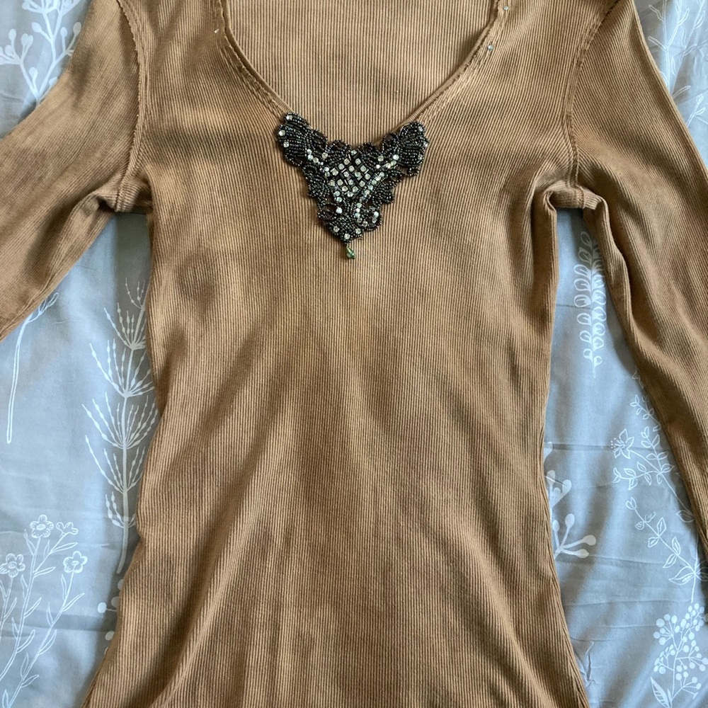 David Cline Tan Top with Black Beaded Detail